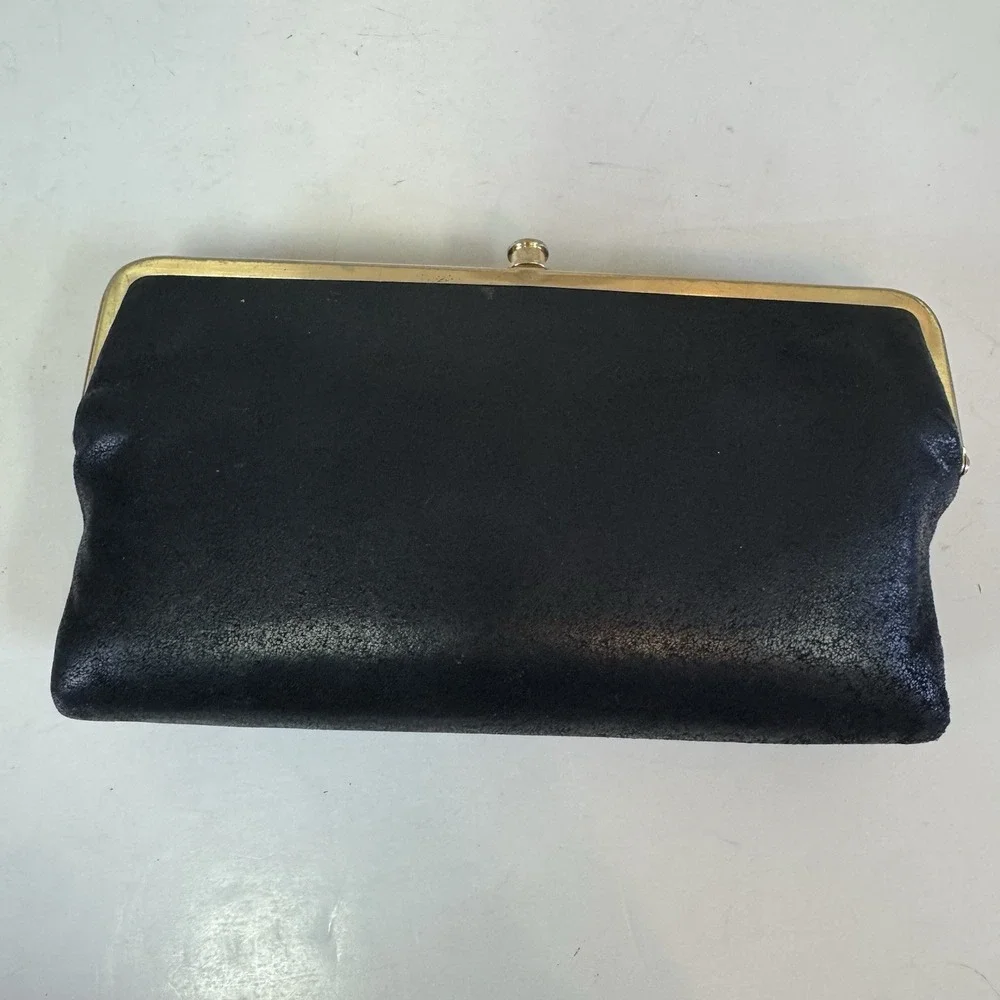 Hobo The Original Leather Lauren Double Frame Clutch Wallet Black Textured VTG